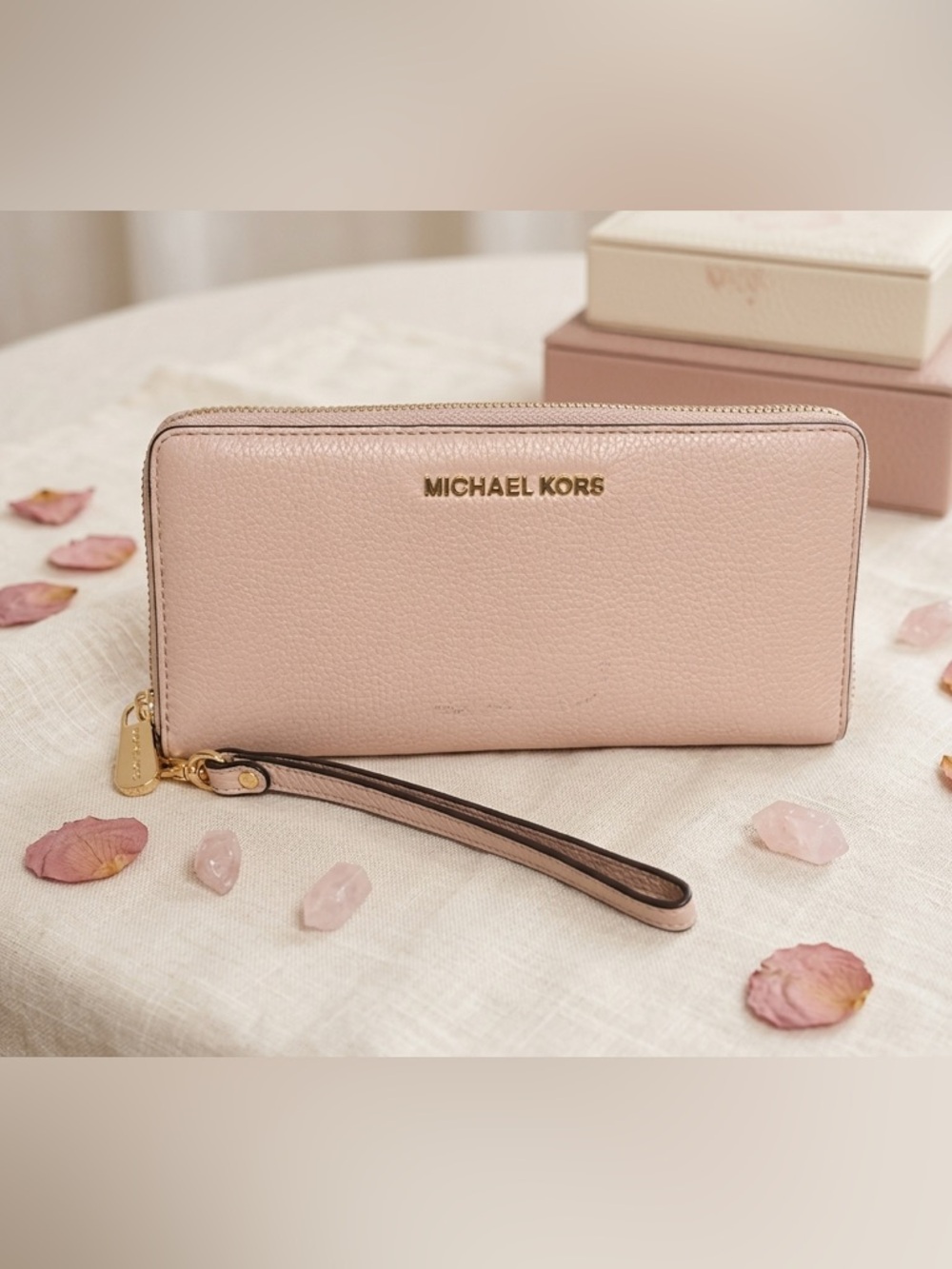Michael Kors Pale Pink Pebbled Leather Wristlet with Gold Hardware
